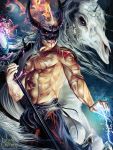  1boy abs copyright_name electricity fire horns legend_of_the_cryptids long_hair magic male_focus mask nail_polish official_art red_eyes scar shirtless skull solo staff white_hair 