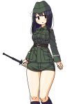  1girl bangs baton belt belt_buckle black_eyes black_hair blush breast_pocket brown_belt buckle buttons closed_mouth expandable_baton frown green_hat green_shorts hat holding holding_weapon long_sleeves maruput military military_uniform no_nose original pocket short_shorts shorts simple_background solo straight_hair thigh_gap thighs uniform weapon white_background 