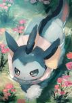  blue_eyes blush commentary_request creatures_(company) flower from_above game_freak gen_1_pokemon highres manino_(mofuritaionaka) nintendo no_humans pink_flower pokemon pokemon_(creature) ripples river signature swimming vaporeon water 