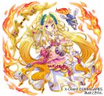  1girl apollon blonde_hair blue_eyes bow_(weapon) copyright_name dog dress fire hair_ornament hand_up harp instrument invisible_chair jewelry long_hair necklace official_art pink_dress sitting smile tiara tokinon very_long_hair weapon white_footwear white_legwear x-overd 