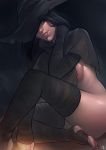 1girl black black_hair black_legwear breasts capelet commentary dark_souls_iii detached_sleeves english_commentary hat hat_over_one_eye highres karla_(dark_souls_3) light_smile lips long_hair nat_the_lich no_panties nose sideboob sitting solo souls_(from_software) toeless_legwear witch_hat 
