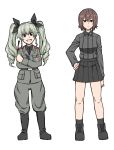  2girls anchovy anzio_military_uniform black_skirt boots bow brown_hair crossed_arms drill_hair fang girls_und_panzer green_hair hair_bow hand_on_hip highres kuromorimine_military_uniform looking_at_viewer miniskirt multiple_girls nishizumi_maho open_mouth pleated_skirt riding_crop short_hair simple_background skirt tuskryo twin_drills twintails white_background 