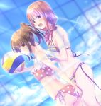  2girls absurdres ass bangs beach beach_volleyball bikini blue_skirt blunt_bangs blurry blush breasts brown_eyes brown_hair commentary depth_of_field dutch_angle eyebrows_visible_through_hair from_side groin hands_on_another&#039;s_shoulders harukana_receive higa_kanata highres large_breasts long_hair multiple_girls navel nyaa_(nnekoron) ocean oozora_haruka_(harukana_receive) sand side-tie_bikini side_ponytail skirt small_breasts smile swimsuit thighs volleyball_net water 