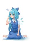 1girl alternate_hair_length alternate_hairstyle barefoot blue_bow blue_dress blue_eyes blue_hair blush bow cirno commentary_request dress eyebrows_visible_through_hair full_body hair_between_eyes hair_bow hand_in_hair hand_up highres ice ice_wings long_hair looking_to_the_side neck_ribbon pinafore_dress puffy_short_sleeves puffy_sleeves red_neckwear red_ribbon ribbon roke_(taikodon) shadow shirt short_sleeves simple_background sitting solo squiggle touhou wariza white_background white_shirt wings 