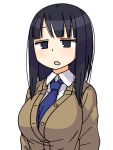  1girl :o bangs black_eyes black_hair blue_neckwear breasts brown_cardigan buttons cardigan collared_shirt large_breasts maruput necktie open_mouth original school_uniform shirt simple_background solo straight_hair upper_body white_background white_shirt 