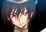  1boy black_hair code_geass creayus eyebrows_visible_through_hair grin hat lelouch_lamperouge looking_at_viewer m male_focus parted_lips portrait smile solo violet_eyes 