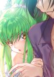  1boy 1girl arm_hug bandaid_on_finger blush brown_hair c.c. carrying code_geass couple creayus eyebrows_visible_through_hair eyes_visible_through_hair fingernails green_hair hair_ornament hair_scrunchie jacket jealous lelouch_lamperouge long_hair looking_to_the_side parted_lips ponytail princess_carry purple_jacket scrunchie yellow_eyes 