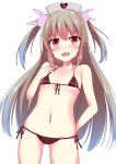  &gt;_&lt; 1girl bangs bikini black_bikini blue_hair blush bunny_hair_ornament commentary_request eyebrows_visible_through_hair fang flying_sweatdrops front-tie_bikini front-tie_top gluteal_fold gradient_hair grey_hat groin hair_between_eyes hair_ornament hat heart highres long_hair looking_at_viewer multicolored_hair natori_sana navel nurse_cap open_mouth red_eyes sana_channel side-tie_bikini sidelocks simple_background solo sweat swimsuit two_side_up very_long_hair virtual_youtuber white_background zatu 
