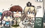  4girls asagumo_(kantai_collection) ascot bare_shoulders blonde_hair blue_eyes braid brown_hair commentary_request crown dated english flying_sweatdrops french_braid grey_eyes grey_eyes hair_ribbon hamu_koutarou highres jewelry kantai_collection long_hair mini_crown multiple_girls necklace no_pupils off_shoulder ooi_(kantai_collection) remodel_(kantai_collection) ribbon school_uniform serafuku shirt sign suspenders suzuya_(kantai_collection) sweat twintails warspite_(kantai_collection) white_shirt 