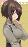  1girl ashiwara_yuu bangs black_skirt brown_eyes brown_hair brown_sweater casual commentary girls_und_panzer hand_on_own_chin long_sleeves looking_at_viewer nishizumi_maho notepad parted_lips short_hair skirt smile solo standing suspender_skirt suspenders sweater turtleneck upper_body 