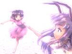  2girls animal_ears bangs barefoot breasts brown_hair carrot_necklace commentary_request dress eyebrows_visible_through_hair full_body grass hand_holding inaba_tewi leaf long_hair looking_at_another multiple_girls open_mouth pink_dress profile puffy_short_sleeves puffy_sleeves purple_hair rabbit_ears red_eyes reisen_udongein_inaba running shirosato shirt short_hair short_sleeves sidelocks small_breasts touhou upper_body white_background white_shirt wing_collar 