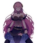  1girl bare_arms bare_shoulders black_choker bracelet breasts choker closed_eyes cowboy_shot detached_sleeves eyebrows_visible_through_hair floating_hair happy headphones jewelry light_smile long_hair long_skirt megurine_luka megurine_luka_(vocaloid4) navel pink_hair simple_background sinaooo skirt skirt_lift sky sleeveless smile solo_focus standing star_(sky) starry_sky starry_sky_print thigh-highs upper_body very_long_hair vocaloid white_background 