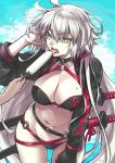  1girl bikini black_bikini black_choker black_jacket breasts choker commentary_request cowboy_shot eyes_visible_through_hair fate/grand_order fate_(series) food hair_between_eyes hair_tucking highres jacket jeanne_d&#039;arc_(alter_swimsuit_berserker) jeanne_d&#039;arc_(fate)_(all) katana large_breasts lens_flare long_hair looking_at_viewer navel o-ring o-ring_bikini open_mouth popsicle sheath sheathed sky sweatdrop swimsuit sword takatsuki_ichi tongue tongue_out very_long_hair weapon yellow_eyes 