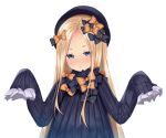  1girl abigail_williams_(fate/grand_order) bangs black_bow black_dress black_hat blonde_hair blue_eyes blush bow dress fate/grand_order fate_(series) forehead hair_bow hands_up hat long_hair long_sleeves nose_blush orange_bow parted_bangs parted_lips polka_dot polka_dot_bow puririn simple_background sleeves_past_fingers sleeves_past_wrists solo very_long_hair white_background 