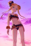  1girl :o abigail_williams_(fate/grand_order) bangs bare_shoulders bikini black_bikini black_bow blue_eyes bow clouds commentary_request double_bun emerald_float fate/grand_order fate_(series) flat_chest forehead frilled_bikini frills hair_bow head_tilt highres looking_at_viewer mimizubare navel orange_bow orange_scrunchie outdoors parted_bangs parted_lips polka_dot polka_dot_bow scrunchie side_bun sky solo standing sunset swimsuit wet wrist_scrunchie 