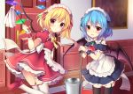  2girls :d absurdres alternate_costume apron ascot bangs bare_shoulders bat_wings blonde_hair blue_hair blue_ribbon blush bow bowtie brooch bucket commentary_request cowboy_shot crystal detached_sleeves door dress duster enmaided eyebrows_visible_through_hair flandre_scarlet frilled_apron frilled_shirt_collar frills garter_straps hair_between_eyes hair_ribbon highres holding holding_mop indoors jewelry leg_up looking_at_viewer maid maid_apron maid_headdress mop multiple_girls one_side_up open_mouth petticoat picture_frame puffy_short_sleeves puffy_sleeves red_dress red_eyes red_footwear red_neckwear red_ribbon remilia_scarlet ribbon ruhika shoes short_dress short_hair short_sleeves siblings sisters smile standing standing_on_one_leg thigh-highs thighs touhou waist_apron water white_apron white_legwear wings wrist_cuffs yellow_bow yellow_neckwear zettai_ryouiki 