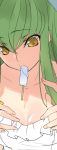  1girl c.c. carrying code_geass creayus dress eyebrows_visible_through_hair fingernails food food_on_breasts green_hair hair_between_eyes long_hair mouth_hold popsicle princess_carry upper_body white_dress yellow_eyes 