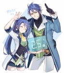  /\/\/\ achan_(blue_semi) ahoge ascot belt black_gloves blue_background blue_hair breasts closed_eyes collared_shirt countdown cowboy_shot eiyuu_densetsu facial_hair father_and_daughter gloves goatee green_eyes jacket laura_s._arzeid long_hair long_sleeves looking_at_viewer medium_breasts pants petting ponytail ribbed_shirt scarf sen_no_kiseki shirt short_hair short_shorts short_sleeves shorts simple_background smile spiky_hair thick_eyebrows turtleneck two-tone_background vest victor_s._arzeid waving white_background 