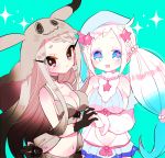  +_+ 2girls :d animal_hood aqua_background bare_shoulders beads black_eyes black_gloves blue_eyes blue_hat bra breasts brown_hair choker cleavage creatures_(company) earrings game_freak gen_7_pokemon gloves gradient_hair grey_bra grey_hair hair_beads hair_ornament hand_holding hat heart hood interlocked_fingers jewelry looking_at_viewer medium_breasts mimikyu multicolored_hair multiple_girls navel navel_cutout necklace nintendo open_mouth personification pink_pupils pokemon primarina sideboob sidelocks smile standing star star_hair_ornament tears underwear upper_body white_hair yuzu_ichika 