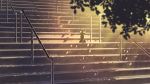  black_cat blender_(medium) blurry blurry_foreground cat commentary depth_of_field english_commentary evening highres looking_at_viewer making_of mclelun no_humans original outdoors photoshop_(medium) railing scenery signature sitting stairs sunset tree 