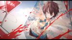  1boy absurdres amamiya_hibiya blood blood_splatter brown_hair clock clouds highres hood hooded_jacket hoodie jacket kagerou_days_(vocaloid) kagerou_project letterboxed looking_at_viewer nanase_akira_(ekmm4442) outstretched_arm outstretched_hand red_eyes short_hair sign solo stop_sign tearing_up wide-eyed 