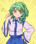  1girl :3 blue_skirt blush detached_sleeves doyagao emphasis_lines frog_hair_ornament green_eyes green_hair hair_ornament hairband hand_on_hip hand_up kochiya_sanae long_sleeves looking_at_viewer pointing pointing_at_self sasa_kichi short_hair skirt smile smug snake_hair_ornament solo touhou wide_sleeves yellow_background 