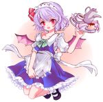  1girl alternate_costume apron bangs bat_wings black_footwear blush bow cosplay cup enmaided eyebrows_visible_through_hair food full_body hair_bow izayoi_sakuya izayoi_sakuya_(cosplay) looking_at_viewer maid maid_headdress mary_janes multicolored multicolored_background off_shoulder open_mouth pudding purple_hair red_bow red_eyes remilia_scarlet sauce shoes short_hair short_sleeves socks solo teacup teapot tori_(10ri) touhou tray two-tone_background waist_apron white_legwear wings 