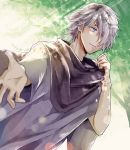  1boy ashu_(ashnism) bandage blush bracelet gloves hair_over_one_eye highres jewelry male_focus octopath_traveler scarf short_hair simple_background solo therion_(octopath_traveler) white_hair 