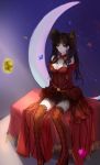  1girl absurdres arm_support black_ribbon blue_eyes bodice breasts brown_hair cleavage crescent_moon eyebrows_visible_through_hair fate/grand_order fate/stay_night fate_(series) formalcraft gem hair_ribbon high_heels highres hoshino_arika long_hair medium_breasts moon ribbon skirt solo thigh-highs thighs tohsaka_rin twintails 