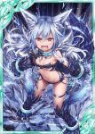  1girl akkijin animal_ears armpits bare_shoulders black_background blue_hair breasts broken broken_chain card_(medium) chain chains claws cleavage collar frown glowing glowing_eyes ice official_art paws rage_face red_eyes ribbon serious shinkai_no_valkyrie small_breasts squall_(shinkai_no_valkyrie) tail thigh_ribbon wolf_ears wolf_tail 