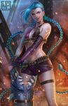  1girl artist_name asymmetrical_gloves bare_shoulders bikini_top blue_hair braid breasts bullet debris elbow_gloves fingerless_gloves gloves jewelry jinx_(league_of_legends) league_of_legends lips long_hair looking_at_viewer midriff navel necklace norman_de_mesa open_mouth pink_eyes pink_lips short_shorts shorts small_breasts smile solo standing strap tattoo thigh_strap twin_braids very_long_hair 