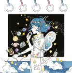  1girl absurdres bandaid bangs belt blue_hair blue_nails camera clouds cowboy_shot ear_piercing earrings floating_hair heart highres jewelry lightning_bolt marche_30 original piercing planet shirt short_hair short_sleeves smile solo sparkle star_(symbol) twitter_username wand white_shirt 