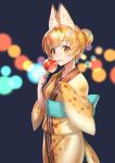  1girl :3 :p adapted_costume alternate_hairstyle animal_ears blonde_hair brown_hair candy_apple commentary_request extra_ears eyebrows_visible_through_hair food hair_bun hair_up japanese_clothes kemono_friends kimono looking_at_viewer mucchiri_shiitake print_kimono serval_(kemono_friends) serval_ears serval_print smile solo tongue tongue_out wide_sleeves 