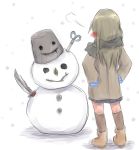  1girl aosora_(mizore) black_scarf blush boots breath brown_coat brown_hair brown_legwear bucket coat knife long_hair long_sleeves mittens original scarf scissors snowing snowman solo 