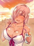  1girl bikini bikini_tan blush bow breasts cleavage collarbone dress_swimsuit evening fate/grand_order fate_(series) hair_over_one_eye large_breasts lavender_hair mabo-udon mash_kyrielight open_mouth orange_(color) pink_bow red shiny short_hair sky smile solo sun sunset swimsuit swimsuit_of_perpetual_summer tan tanline white_swimsuit 