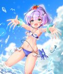  1girl :d azur_lane bangs bare_shoulders bikini blue_bikini blue_flower blue_sky blurry blurry_background blush bouncing_breasts bracelet breasts clouds cloudy_sky commentary_request cross_hair_ornament day depth_of_field dutch_angle eyebrows_visible_through_hair flower gluteal_fold green_eyes groin hair_between_eyes hair_flower hair_ornament highres horizon javelin_(azur_lane) jewelry looking_at_viewer medium_breasts navel nyafu_(moai_lion) ocean open_mouth outdoors outstretched_arms purple_hair red_flower sky smile solo splashing standing swimsuit wading water yellow_flower 
