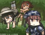  !? 3girls backpack bag beret black_hair braid brown_eyes brown_hair camouflage camouflage_hat commentary_request crying crying_with_eyes_open dated forest grin hamu_koutarou hat helmet isonami_(kantai_collection) kantai_collection long_hair military military_uniform multiple_girls nature o_o pith_helmet rope sarong scarf shaded_face shiratsuyu_(kantai_collection) short_hair smile streaming_tears sweat tears uniform z3_max_schultz_(kantai_collection) 