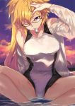  1girl bangs bare_shoulders bikini blonde_hair blue_eyes breasts clouds commentary_request covered_navel dusk eyebrows_visible_through_hair fate/grand_order fate_(series) hair_between_eyes hand_on_head jeanne_d&#039;arc_(fate)_(all) jeanne_d&#039;arc_(swimsuit_archer) large_breasts long_hair looking_at_viewer off-shoulder_sweater ohland one_eye_closed partially_submerged sitting sky solo spread_legs sweater swimsuit water wet wet_clothes whistle whistle_around_neck 