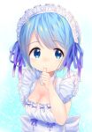  1girl bangs blue_eyes blue_hair blue_ribbon blush breasts child cleavage commentary_request copyright_request dress eyebrows_visible_through_hair gradient gradient_ribbon hair_ribbon highres maid_headdress medium_breasts mimikaki_(men_bow) purple_ribbon ribbon sleeveless sleeveless_dress solo thumb_sucking virtual_youtuber white_dress 