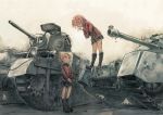  2girls black_footwear boots braid commentary_request crusader_(tank) cup emblem girls_und_panzer ground_vehicle jacket long_sleeves matilda_(tank) military military_vehicle miniskirt motor_vehicle multiple_girls orange_hair orange_pekoe pleated_skirt red_jacket redhead rosehip short_hair skirt spilling st._gloriana&#039;s_(emblem) st._gloriana&#039;s_military_uniform tank teacup tied_hair yasushi 