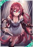  1girl akkijin bare_shoulders blue_eyes boots breasts card_(medium) chains dress hair_ornament holding holding_weapon indoors key lock long_hair looking_at_viewer official_art redhead shinkai_no_valkyrie short_dress small_breasts sunlight very_long_hair weapon whip white_dress window 