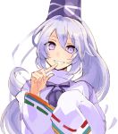  1girl bangs commentary_request eyebrows_visible_through_hair hair_between_eyes hat long_hair long_sleeves looking_at_viewer mononobe_no_futo pom_pom_(clothes) ponytail purple_hair ribbon-trimmed_sleeves ribbon_trim smile solo tate_eboshi tori_(10ri) upper_body violet_eyes white_background 