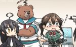  3girls ? ahoge animalization bear black_hair black_serafuku blush brown_hair commentary_request crescent crescent_moon_pin dated elbow_gloves gloves grey_eyes hair_between_eyes hair_ribbon hamu_koutarou headgear highres kantai_collection kasumi_(doa) kuma_(kantai_collection) long_hair mikazuki_(kantai_collection) multiple_girls nagato_(kantai_collection) neckerchief necktie nose_blush pelvic_curtain remodel_(kantai_collection) ribbon school_uniform serafuku single_elbow_glove sweatdrop tearing_up tone_(kantai_collection) twintails water_cooler white_neckwear yellow_eyes 