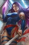  1girl aura bare_shoulders blue_leotard breasts closed_mouth commission cowboy_shot debris elbow_gloves from_below gloves highleg highleg_leotard holding holding_sword holding_weapon large_breasts leotard long_hair marvel muscle norman_de_mesa partly_fingerless_gloves psylocke purple_hair sash solo standing sword thigh_strap thighs weapon x-men yellow_eyes 