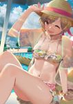  1girl :d absurdres adjusting_clothes adjusting_hat aiba_yumi arm_support bangs beach_chair beach_umbrella belt between_breasts bikini bikini_top blonde_hair blush bracelet breasts bridge brown_eyes bsue bush cherry_blossoms cleavage clouds cloudy_sky collarbone daisy day earrings eyebrows_visible_through_hair eyelashes floral_print flower frilled_bikini frills front-tie_bikini front-tie_top groin hat hat_ribbon highres idolmaster idolmaster_cinderella_girls idolmaster_cinderella_girls_starlight_stage jacket jewelry knees_up large_breasts looking_at_viewer midriff miniskirt navel one_eye_closed open_mouth outdoors palm_tree pendant petals petals_on_liquid pink_belt pink_ribbon pool poolside ribbon see-through shiny shiny_skin short_hair single_sidelock sitting skirt sky smile solo star sun_hat sunlight swept_bangs swimsuit thighs tree umbrella under_umbrella white_bikini_top white_skirt 