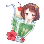  1girl :&gt; air_bubble aqua_swimsuit bangs bendy_straw blue_flower blush brown_hair bubble cherry chibi closed_mouth collarbone dot_nose drinking_straw dutch_angle floral_print flower food frilled_swimsuit frills fruit glass hair_flower hair_ornament hairband hands_on_own_face hibiscus ice ice_cream ice_cube idolmaster idolmaster_cinderella_girls in_container knees_together_feet_apart komoe_(hinagatu) lace_hairband leg_up looking_at_viewer martini minigirl nagatomi_hasumi one-piece_swimsuit partially_submerged red_flower red_rose rose short_hair simple_background smile solo swept_bangs swimsuit tareme wavy_hair white_background yellow_eyes yellow_flower yellow_rose 