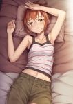  1girl arms_up bangs bare_arms bare_shoulders bed_sheet blush breasts brown_eyes brown_hair brown_shorts camisole chio-chan_no_tsuugakuro collarbone commentary_request eyebrows_visible_through_hair fingernails glasses head_tilt highres lying miyamo_chio on_back parted_lips pillow short_hair short_shorts shorts small_breasts solo striped striped_camisole sweat tomifumi white_camisole 