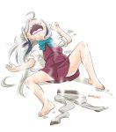  1girl ahoge asashimo_(kantai_collection) bare_legs barefoot blue_neckwear bow bowtie covered_eyes dress ebifly exhausted grey_hair grey_legwear hair_over_eyes hot kantai_collection long_hair lying on_back open_mouth pantyhose_removed sharp_teeth shirt sleeves_rolled_up solo spread_legs steam sweat sweating_profusely teeth very_long_hair white_shirt wing_collar 