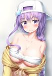  1girl :p absurdres bare_shoulders bb_(fate/extra_ccc) bb_(swimsuit_mooncancer)_(fate) blush braid breasts collarbone eyebrows_visible_through_hair fate/grand_order fate_(series) hat highres large_breasts long_hair looking_at_viewer nedia_(nedia_region) purple_hair single_braid solo star tongue tongue_out upper_body violet_eyes 