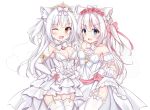  2girls ;d absurdres animal_ears azur_lane bangs blue_eyes bow breasts brown_eyes cat_ears choker cleavage detached_collar detached_sleeves dress elbow_gloves eyebrows_visible_through_hair fang flower garter_straps gloves hair_between_eyes hair_bow hair_flower hair_ornament hammann_(azur_lane) hand_holding hand_up heart highres huge_filesize interlocked_fingers kurashina_yuzuki long_hair looking_at_viewer medium_breasts multiple_girls one_eye_closed one_side_up open_mouth pink_bow pink_flower pink_rose puffy_short_sleeves puffy_sleeves railing red_ribbon ribbon rose see-through short_sleeves silver_hair simple_background skirt_hold small_breasts smile standing strapless strapless_dress thigh-highs tiara veil very_long_hair white_background white_choker white_dress white_gloves white_legwear yellow_ribbon yukikaze_(azur_lane) 